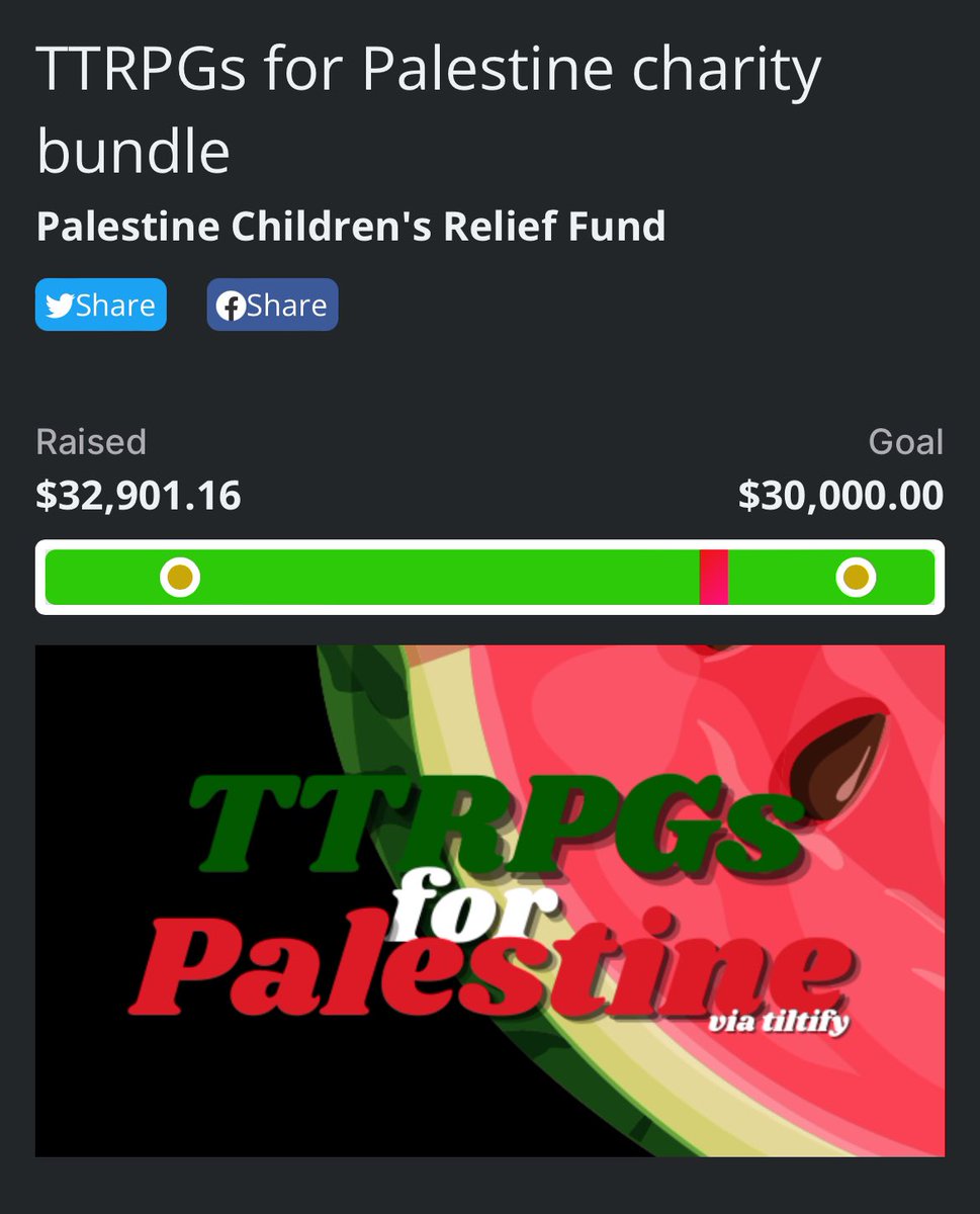 To everyone who got the TTRPGs for Palestine via tiltify charity bundle - you have until tomorrow at 12 PST to download the games before the sheets are deleted. Thank you for all your support to PCRF! 🍉