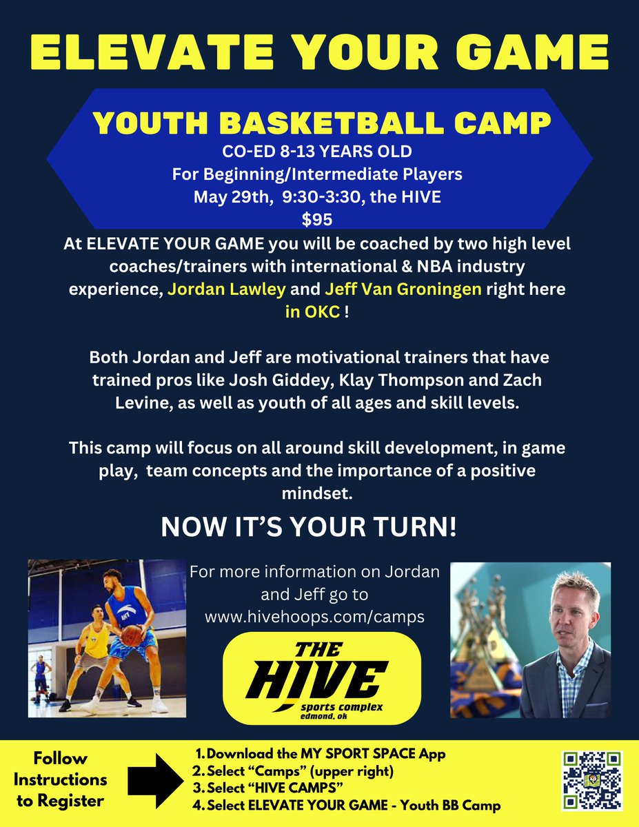 BIG TIME HOOPS CAMP COMES TO OKC.   ELEVATE YOUR GAME (ran by NBA Trainer,  Jordan Lawley and Professional coach Jeff Van Groningen) will be offering an youth camp on  5-29 and an ELITE camp on 5/30.  Register Now!
