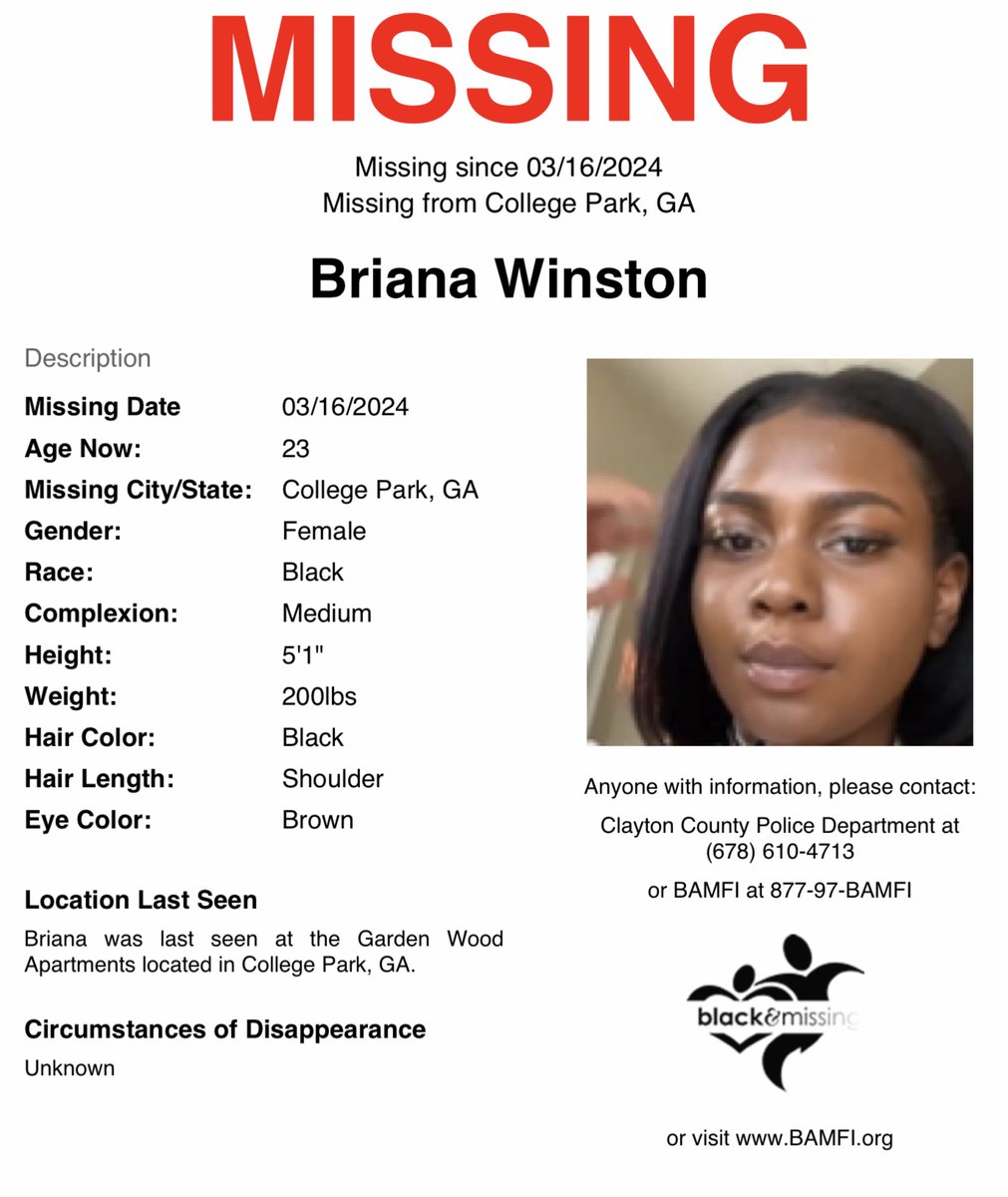 #CollegePark, #Georgia: 23y/o Briana Winston was last seen at the Garden Wood Apartments located in College Park. Have you seen Briana? #BrianaWinston