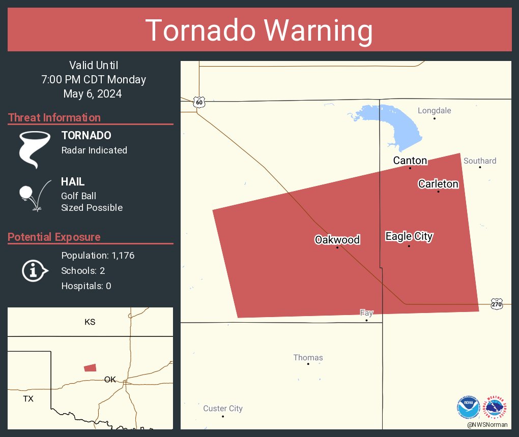 Tornado Warning continues for Canton OK, Oakwood OK and Carleton OK until 7:00 PM CDT