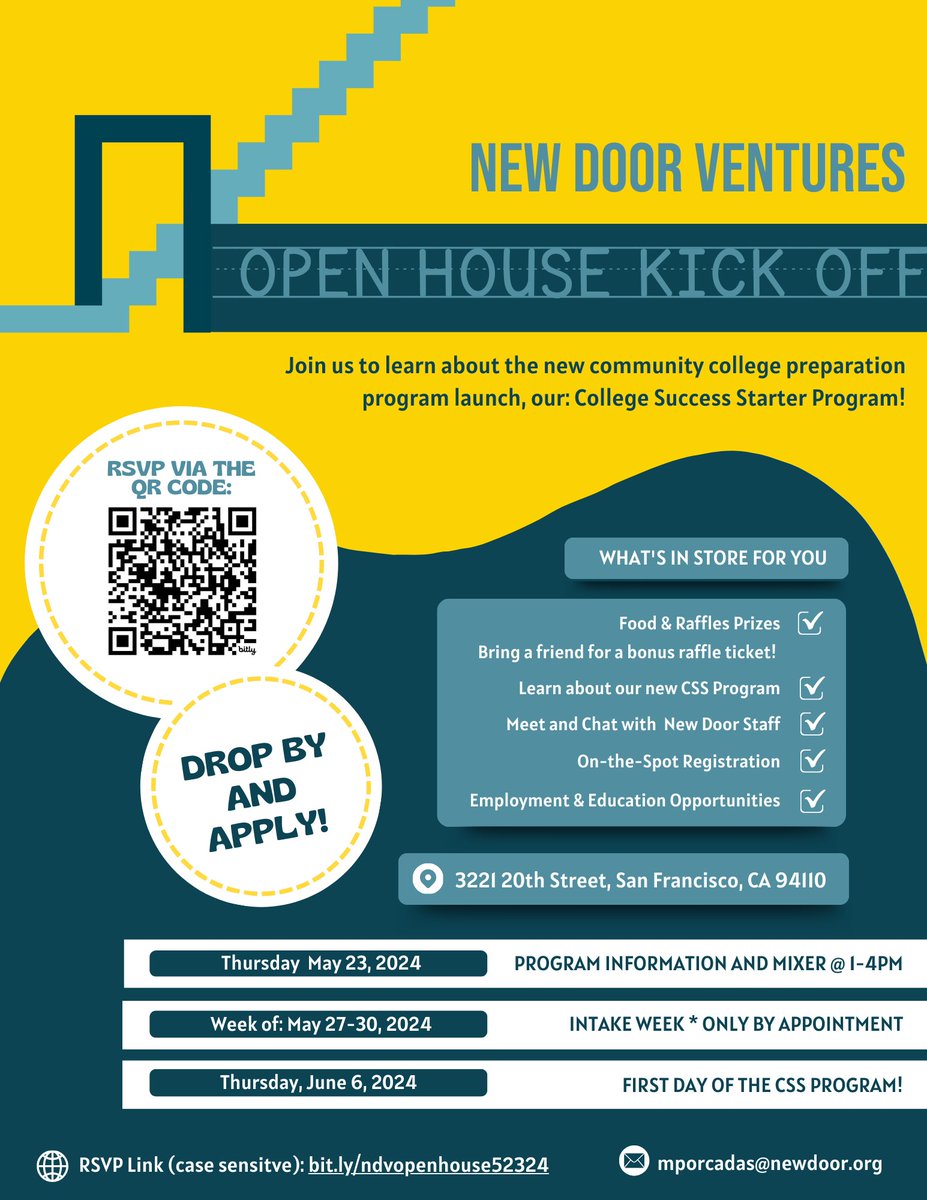 On 5/23 @newdoorventures will host an Open House to launch their new College Success Starter Program! Young adults, community partners & #SanFrancisco service providers are welcome to attend. Young adults who attend the Open House will be invited to apply on the spot!