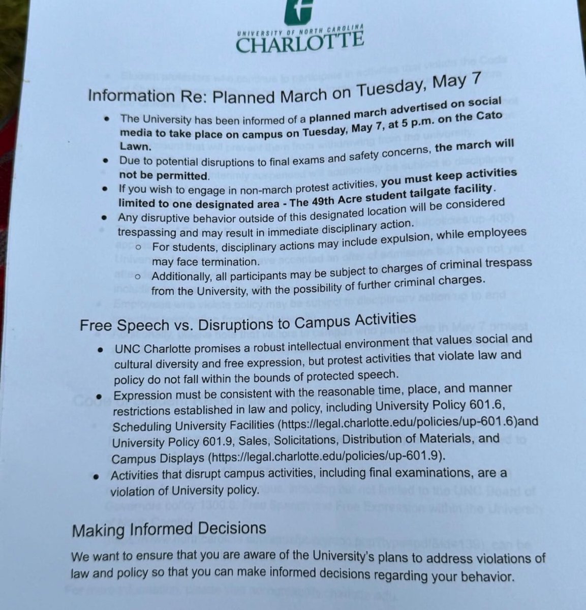 UNCC officials have started emailing / handing letters to individuals they suspect of involvement in the encampment to threaten them with arrest and expulsion if they participate in a rally tomorrow. They have begun locking campus buildings to prevent students from going indoors.