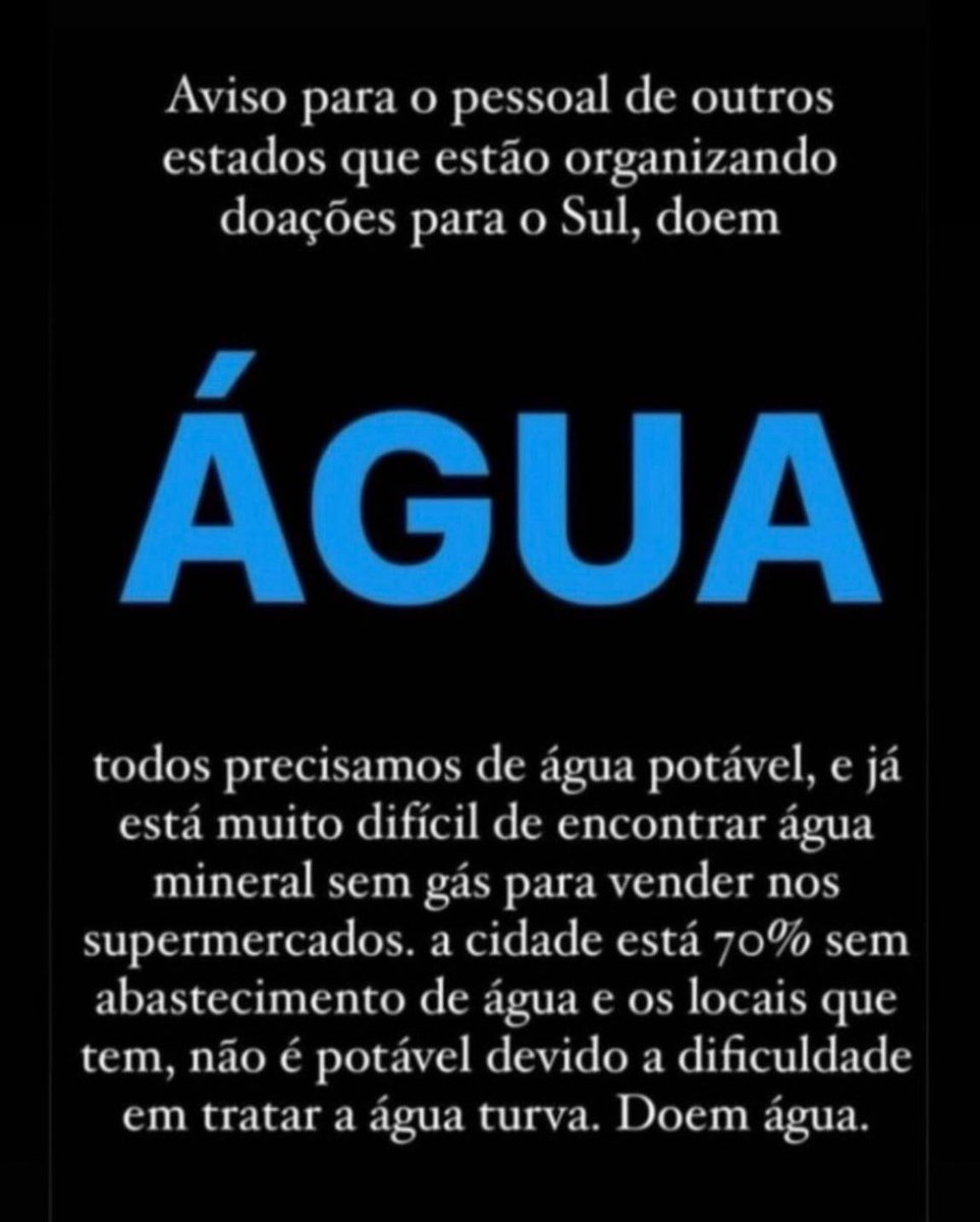 O Rio Grande do Sul precisa de Água! 
Doe pelos Correios. 
 <a href="/CocaCola_Br/">Coca-Cola Brasil 🧊</a> <a href="/Ambev/">Ambev</a> <a href="/MinalbaOficial/">Água Minalba</a> vamos nessa?