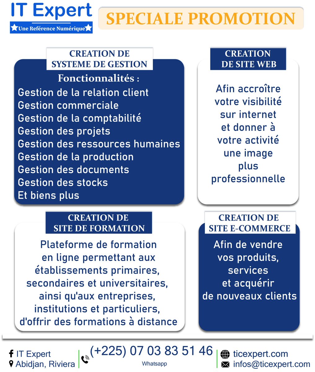 mathieu_hackerW's tweet image. CREATION DE SYSTEME DE GESTION
CREATION DE SITE WEB
CREATION DE SITE DE FORMATION EN LIGNE
CREATION DE SITE E-COMMERCE
------------------------------
📞 07 03 83 51 46 (WhatsApp)
------------------------------
🌐 ticexpert.com
📧 infos@ticexpert.com
📍 Abidjan, Riviera