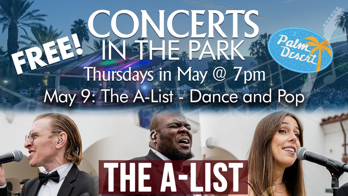 The A-List brings energy and fun to Concerts in the Park THIS Thursday, May 9, 7pm! 

And they play EVERYTHING: the Jackson 5 to Maroon 5, the Beatles to BTS. If you have a favorite, chances are The A-List plays it!

FREE show! Civic Center Park: 43900 San Pablo Ave.

#palmdesert