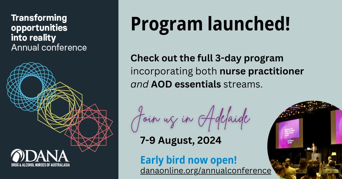 DANA is excited to announce the release of the 2024 conference program. The theme is 'Transforming Opportunities into Reality' & will deliver the latest information relevant to drug & alcohol nurses in Australasia. Check out the program: danaonline.org/annual-confere… #DANAConf24 #AOD