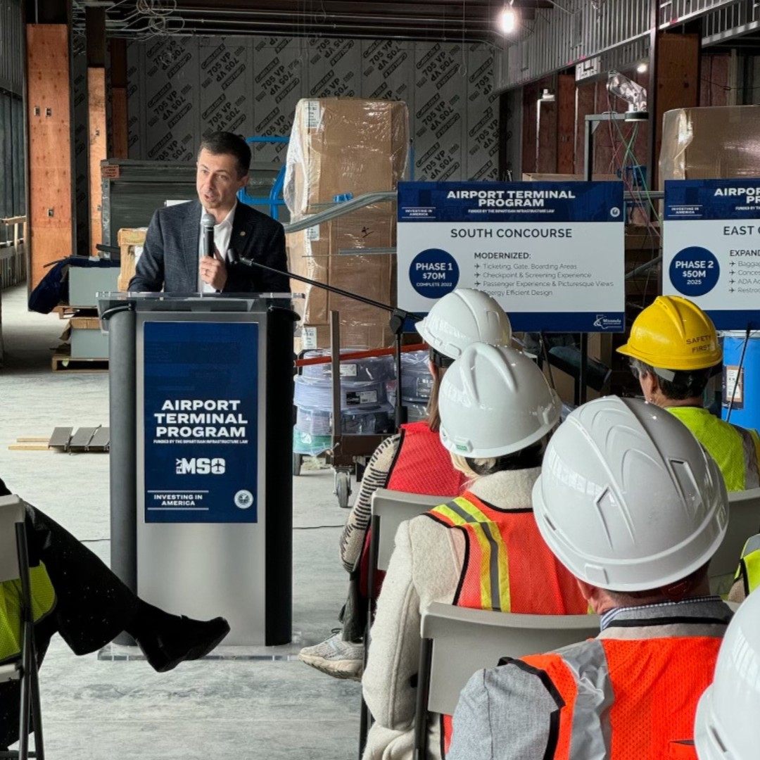 Underbudget and on schedule. ✅

@SecretaryPete toured Missoula Montana Airport, which received funding from the Bipartisan Infrastructure Law to construct a new terminal, which will increase airport capacity, reduce energy costs, and improve accessibility for all passengers.