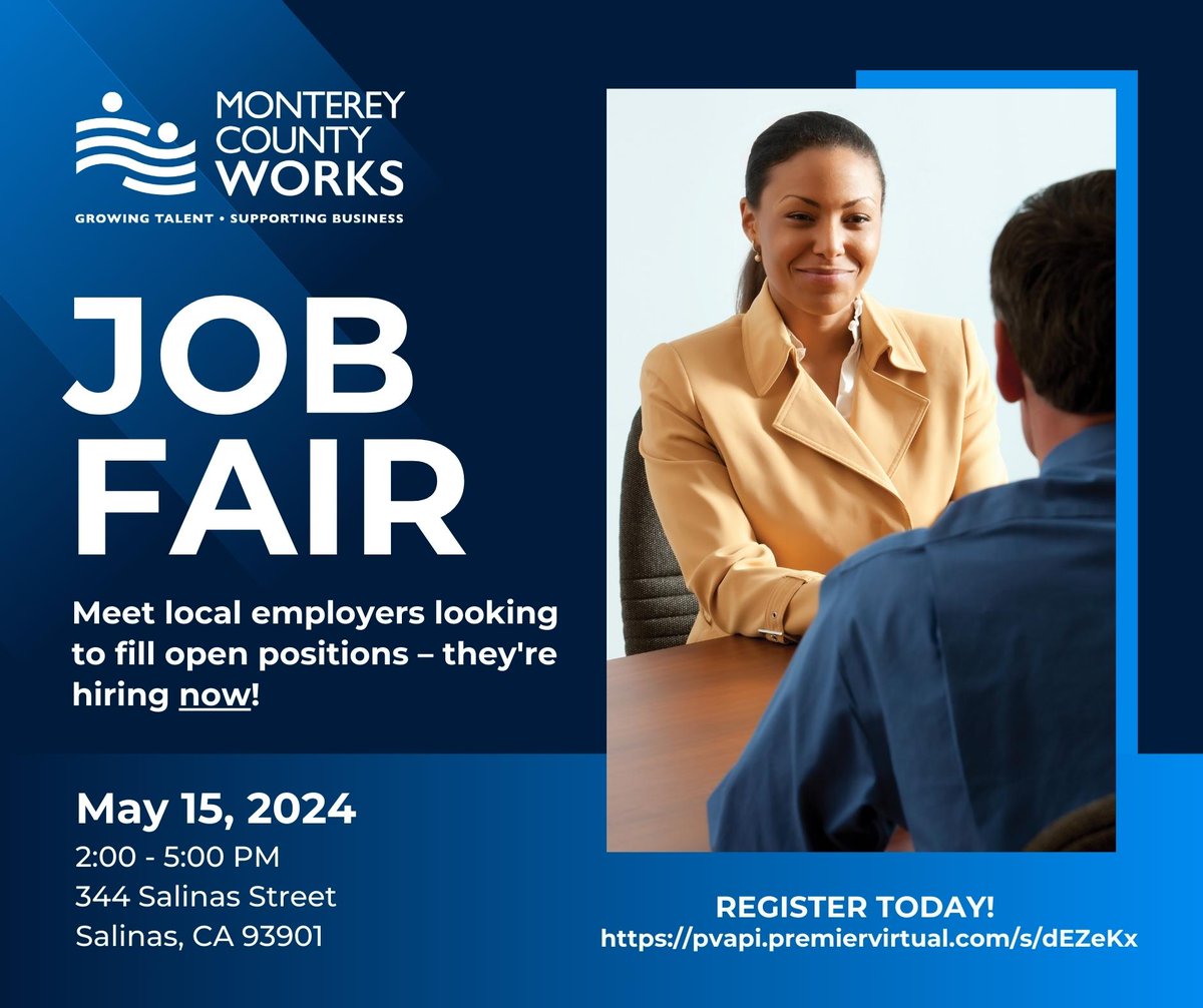 Join the Monterey County Works Job Fair on Wednesday, May 15th, from 2:00 - 5:00 PM!

Don't miss out! Pre-registration is required. Secure your spot today at  pvapi.premiervirtual.com/s/dEZeKx.

#MontereyCountWorks #CAJobFair #JobFair #CareerFair #HiringEvent #JobsNow #FindAJob