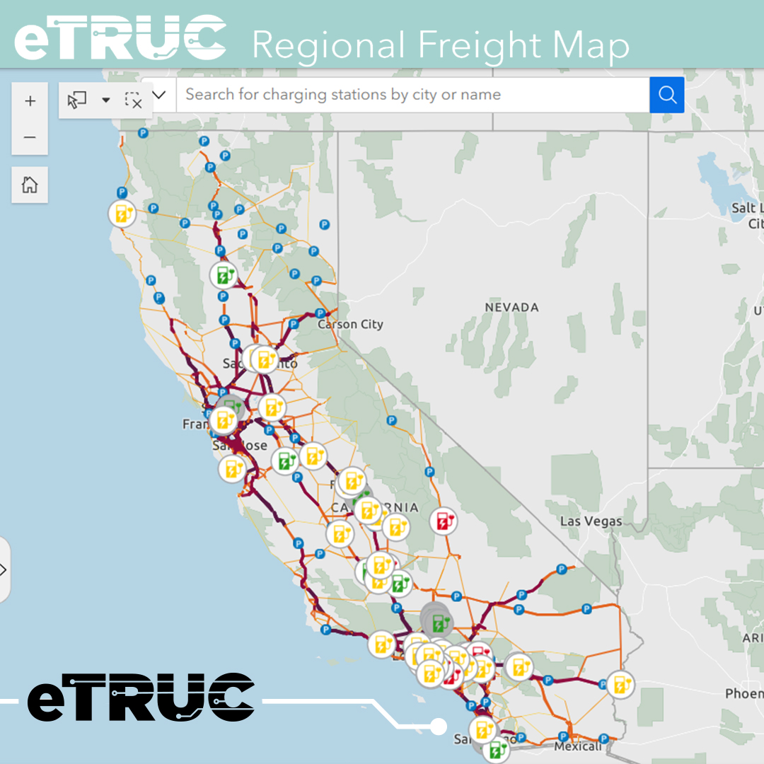 🗺️ eTRUC's Regional Freight Heatmap is now LIVE on our website! The map integrates truck GPS data into Lawrence Berkeley National Lab's HEVI-LOAD model and displays existing and in-development MDHD BEV charging stations and current truck parking locations. 🔗 in bio! #etruc
