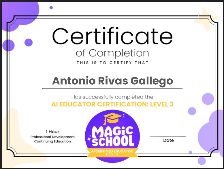 He completado el curso de certificación MagicSchool AI (Nivel 3). MagicSchool es la plataforma de IA líder para docentes; ayuda a planificar sus enseñanzas, comunicarse con claridad…