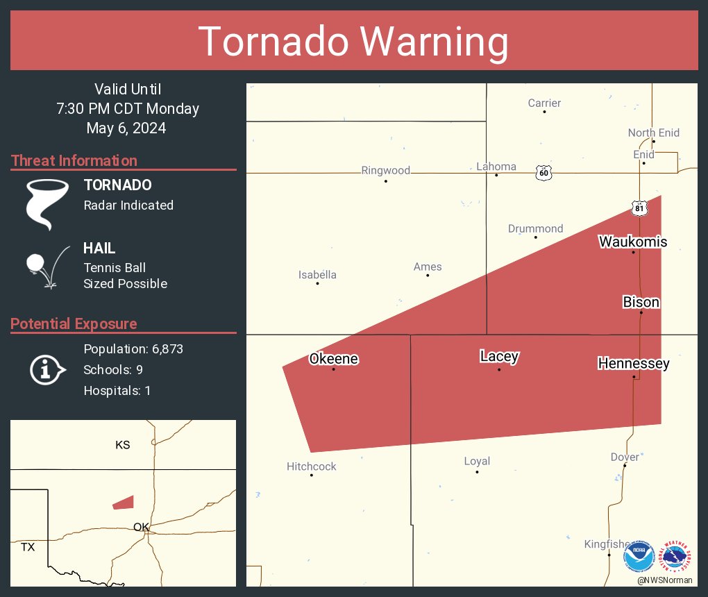 Tornado Warning including Hennessey OK, Waukomis OK and Okeene OK until 7:30 PM CDT