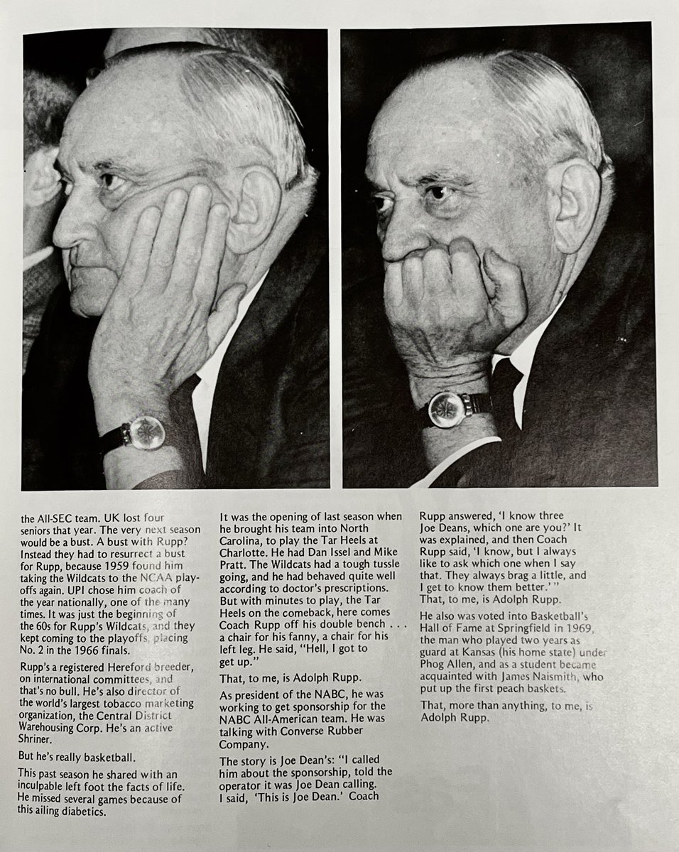 An old piece about Adolph Rupp from a 1971 NCAA Final Four program that a friend of mine showed me today. 📄 “But he’s really basketball.” #BBN