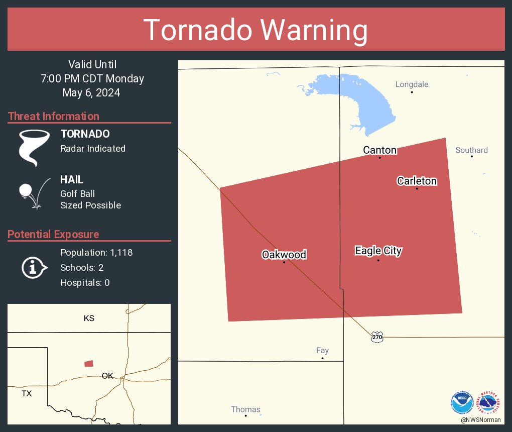 Tornado Warning continues for Canton OK, Oakwood OK and Carleton OK until 7:00 PM CDT