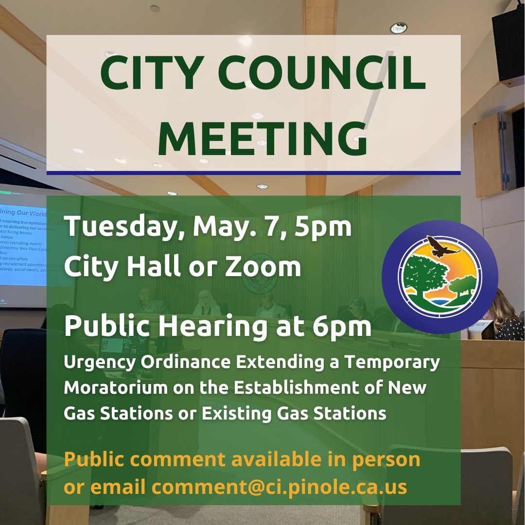 REMINDER: City Council meeting tomorrow at 5pm at City Hall in the council chambers. 
Agenda and Zoom info can be found on our website: ci.pinole.ca.us

#citycouncil #townhall #councilmeeting #cityofpinole #localgovernment