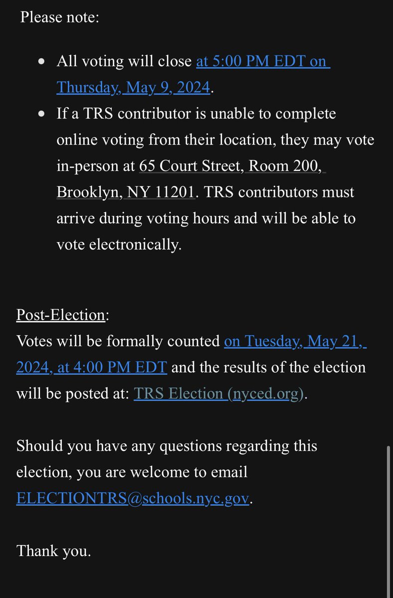 @SusanBEdelman @cayla_bam @DOEChancellor @MichaelElsenRoo @AGZimmerman @clauirizarry @WorkBitesNews @stucknation @ByJessicaGould @petersterne @katie_honan @madinatoure @NYCSchools has finally sent an email out just moments ago to all TRS members with their plan to conduct the election electronically and over two days — Wed & Thur See screenshots This is not what the city admin code 13-507 prescribes as to the process codelibrary.amlegal.com/codes/newyorkc…