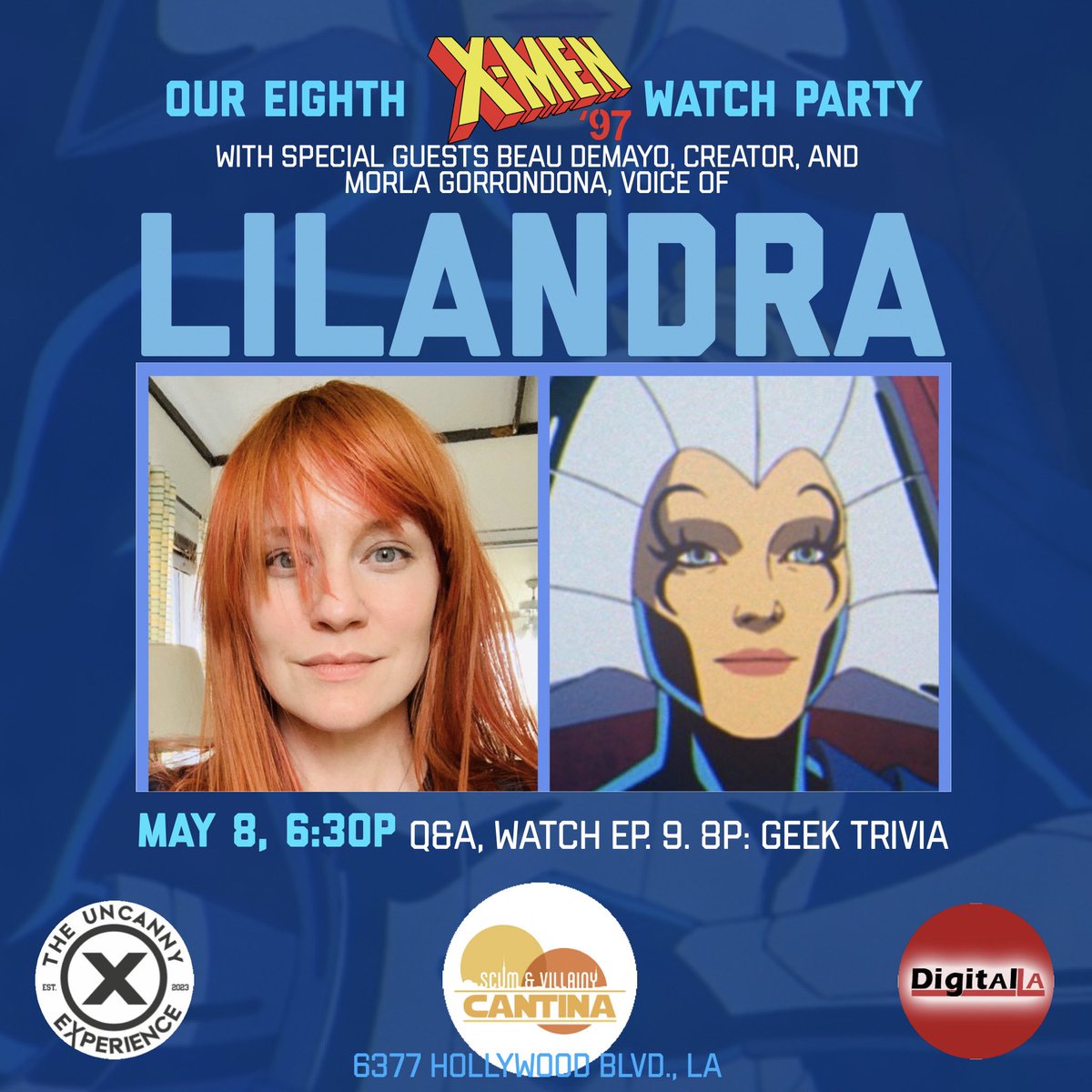 Excited to co-host our eighth X-Men '97 Watch Party and Q&A with showrunner and creator @BeauDemayo and voice of Lilandra @actor_morla May 8, 6:30p at Scum & Villainy in Hollywood with @theuncannyexp @xreadspodcast #xmen97 @SVCantina Free to attend! 21+