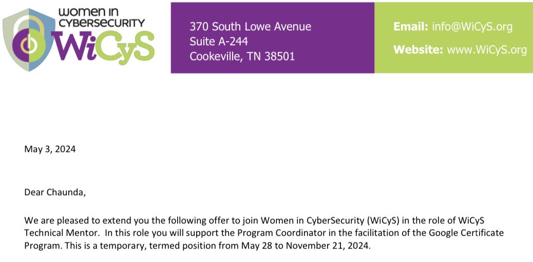Excited to join @WiCyS as a Technical Mentor! Honored to empower women in cybersecurity. Ready to share knowledge and make a positive impact! #WiCyS #BlackGirlMagic 
#Cybersecurity #MentorshipMission