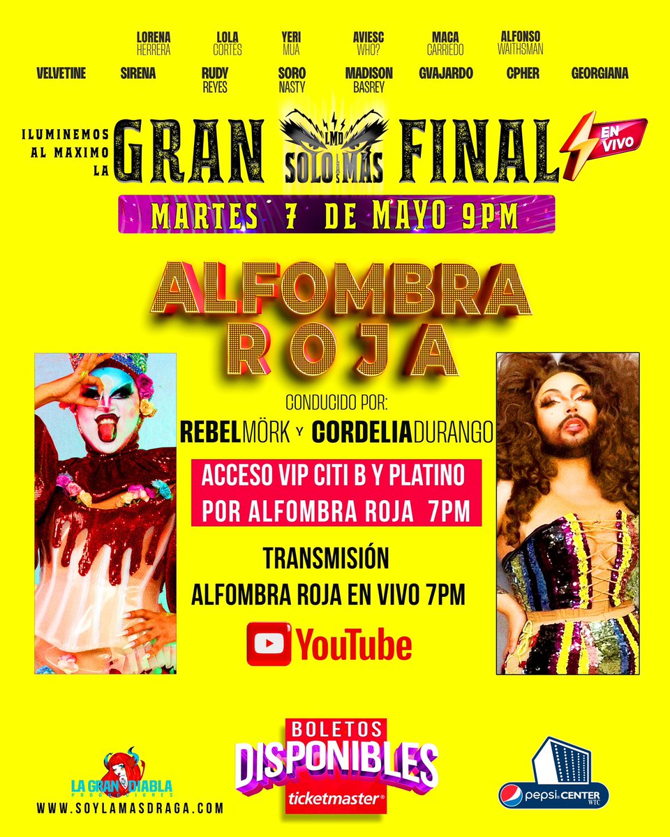 MAÑANA GRAN FINAL EN VIVO DE “SOLO LAS MÁS” Desde el Pepsi Center . ALFOMBRA ROJA 7pm Conducida por @REBELMORK y @CordeliaDurango 👑TRANSMISIÓN ALFOMBRA 7pm por nuestro canal en YouTube. 👑TRANSMISIÓN GRAN FINAL “SOLO LAS MÁS” 9pm POR YOUTUBE EXCLUSIVA PARA MIEMBROS DE NUESTRO…