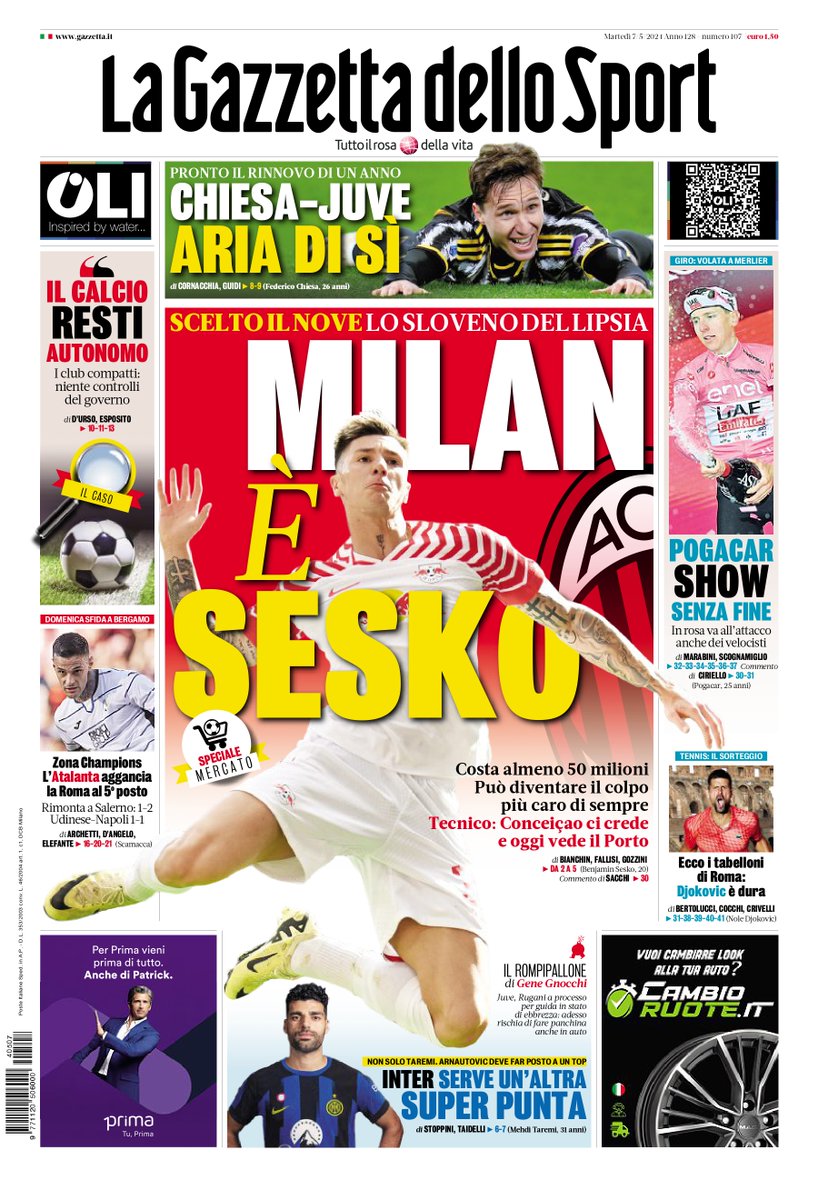 La #primapagina della Gazzetta di oggi
MILAN E' SESKO