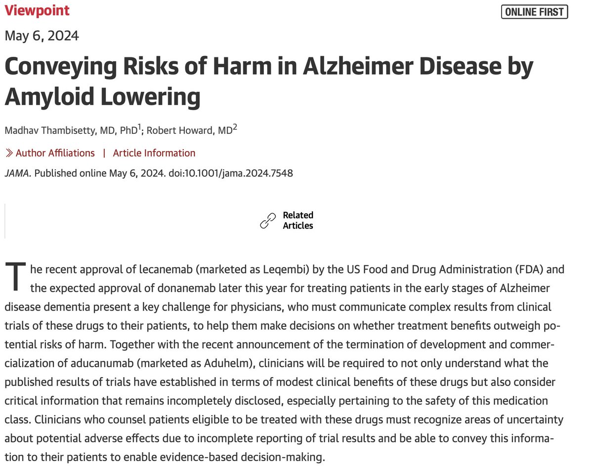 Several important considerations highlighted in this new JAMA viewpoint discussing the safety and effectiveness of monoclonal antibodies targeting amyloid-β, such as Lecanemab and Donanemab. Link > jamanetwork.com/journals/jama/… @JAMA_current @MadhavThambiset @ProfRobHoward