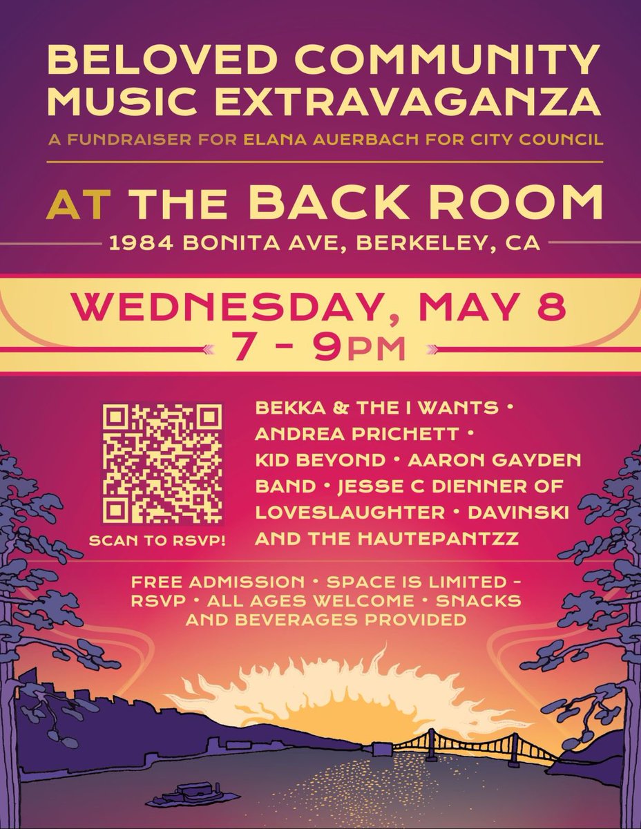 Join us for a night of music and good vibes as we support Elana Auerbach for Berkeley City Council, District 4. 🌟 Swing by the back room at 1984 Bonita Ave, Berkeley, CA on Wednesday, May 8th from 7-9pm. Free admission, snacks, and drinks provided. Let's make change happen!