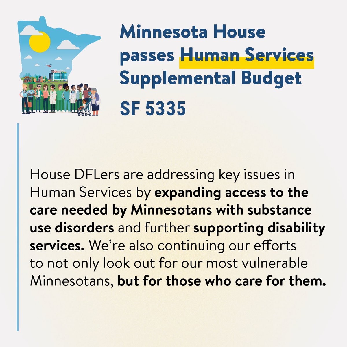 Democrats are prioritizing services for vulnerable Minnesotans while we support the dedicated folks who provide that care. The Human Services budget furthers our investments in substance use disorder treatment, services for people with disabilities, and much more. #mnleg 🤗🧠🛋️