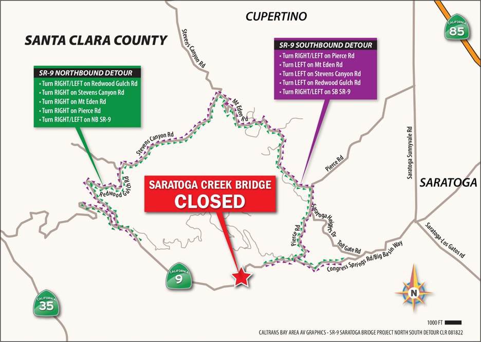 #TrafficAdvisory: Full overnight closures on SR-9 at Saratoga Bridge, between Big Basin Way & Sanborn Rd, starting 9pm Wed, 5/8. 🗓️ Closure Schedule: - 5/8, 9pm to 5/9, 7am - 5/9, 9pm to 5/10 7am - 5/10, 9pm to 5/11, 7am 🚧 Detours: dot.ca.gov/caltrans-near-… @SCCgov