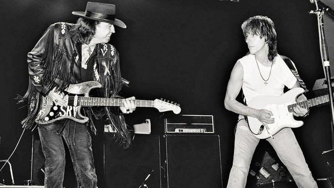 Stevie Ray Vaughan and Jeff Beck on stage, 1984