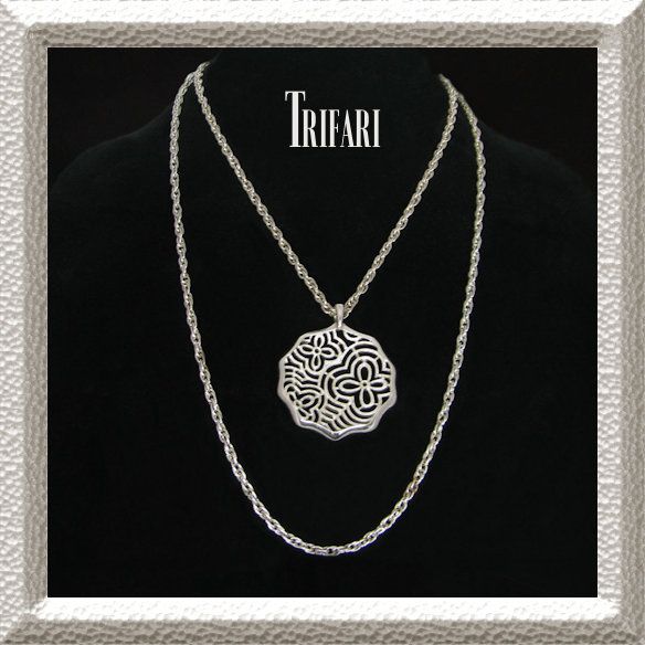 Trifari Silvertone Double Chain Pendant Necklace buff.ly/3JV4Hr6