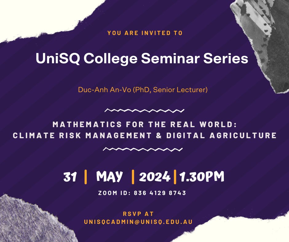 📢 join the upcoming @CollegeUsq Seminar Series with Dr Duc-Anh Duc-Anh will discuss recent research results using climate forecast in decision making, climate extreme impacts, #carbon #emission #reduction, climate change impacts & adaptations, & livelihood resilience in ag.