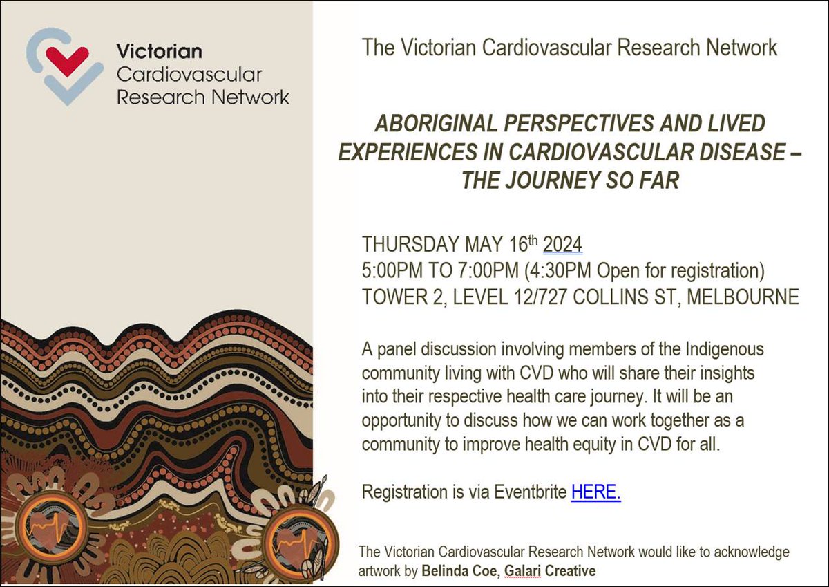 Victorian CVRN invites you to join the Aboriginal Perspectives and Lived Experiences in Cardiovascular Disease Panel Discussion👇 click to register for free entry 👉shorturl.at/zBIX9 @DrAdrienneOneil @heartfoundation @susiecartledge @ACRA_ACRA @sarahrgauci