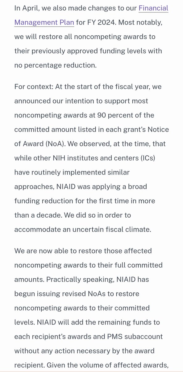 In case you missed it, NIAID is restoring non-competing awards to 100%, after the cut due to continuing resolution/budget uncertainty. R01 still an interim payline, at 9th %ile.

NIDDK has also finalized their approach for non-competing awards, funding at 96% (also up from 90%).