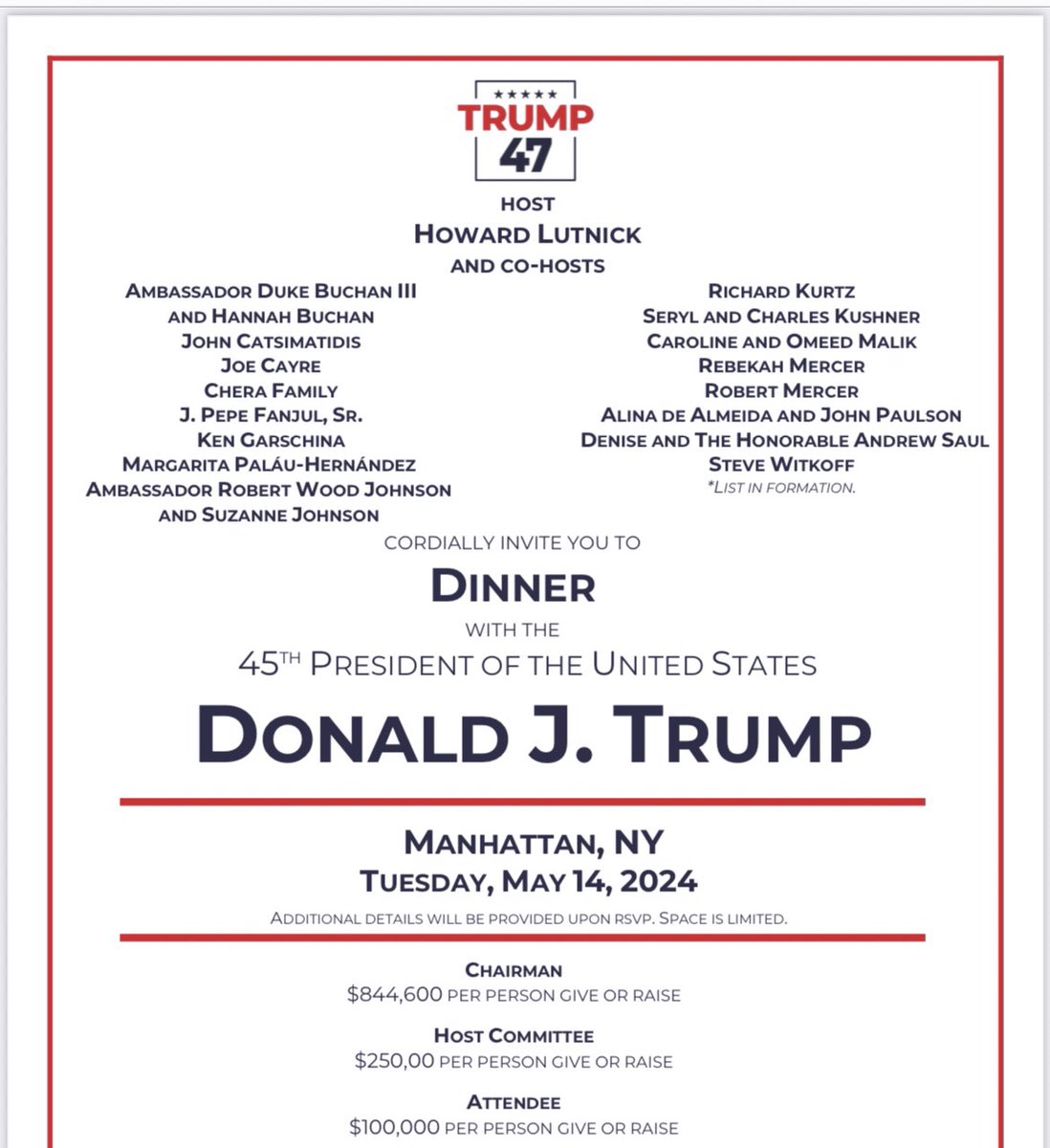 New Trump fundraising dinner the week after next in New York, per invite. Hosts include Woody Johnson, @RealOmeedMalik, Charles Kushner, John Paulson, Steve Witkoff, Rebekah and Bob Mercer.