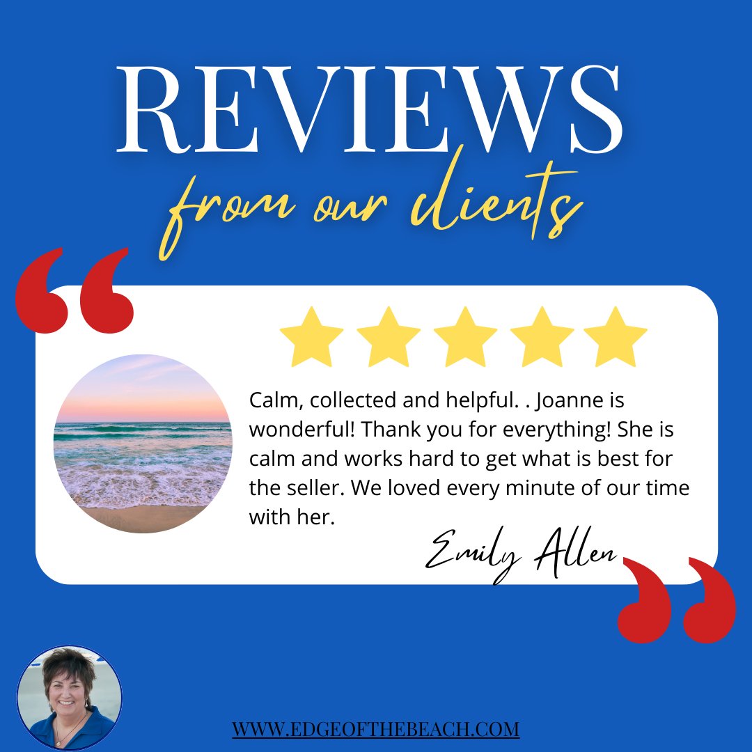 See what our clients are saying ⭐⭐⭐⭐⭐
Thank you Emily for our 5-Star Review and congratulations on selling your home!

#realestatereviews #realestate #southcarolina #joannegillet #realestatebroker #edgeofthebeachrealty