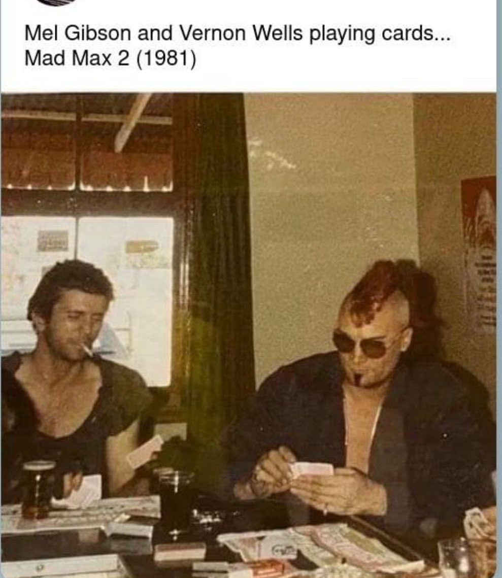 Mel Gibson playing cards with Vernon Wells #madmax #theroadwarrior
