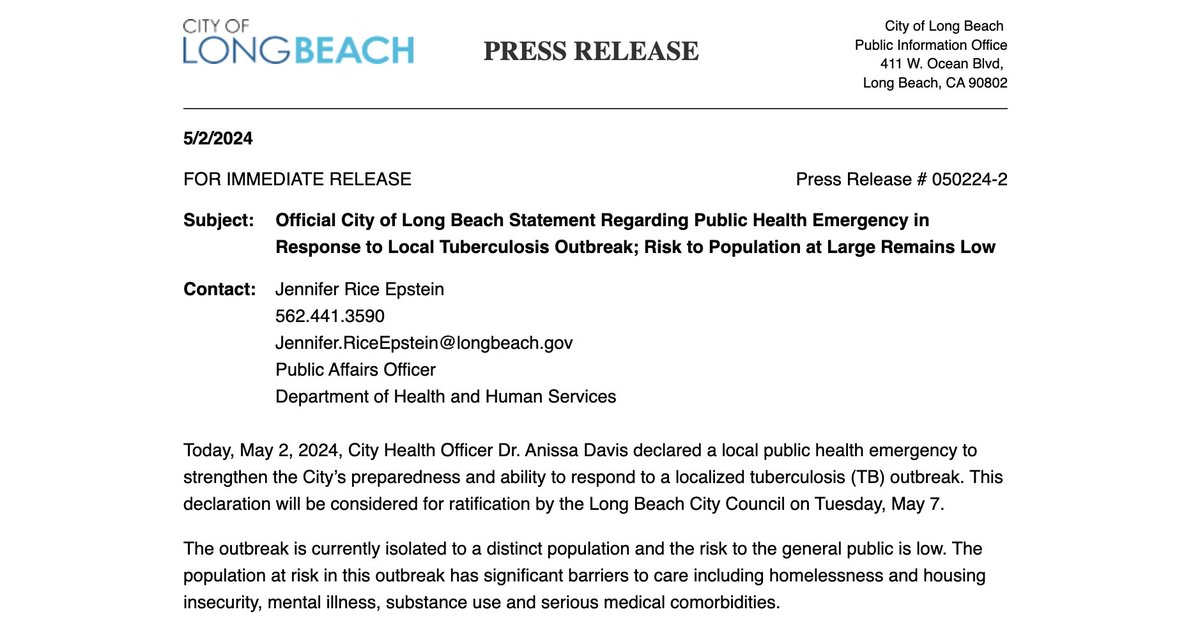 TUBERCULOSIS OUTBREAK - Public Health Emergency Declared in Long Beach, CA: 14 cases have been detected (9 hospitalizations, 1 death). 170 people have likely been exposed so far. The outbreak originated in an undisclosed single room occupancy (SRO) hotel. Officials state the…