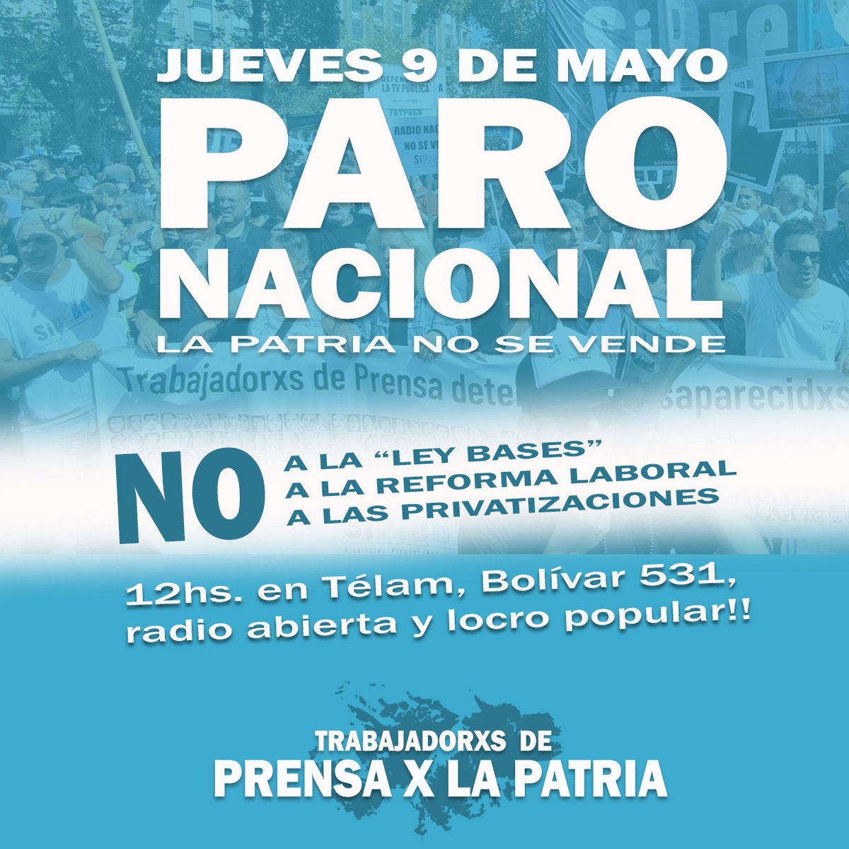 Este 9 de mayo nos sumamos al paro general convocado por la @cgtoficialok y las CTAs. Además, las y los trabajadores de @sipreba lo hacemos activo en el acampe de @somostelam, Bolivar 531, a las 12. 

#LaPatriaNoSeVende #TelamSeDefiende #NoALaLeyBases #ParoGeneral #ParoNacional