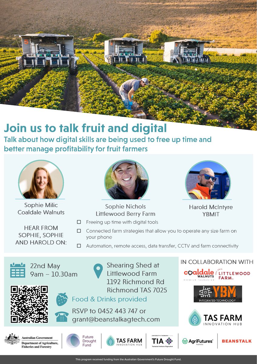 NRM SOUTH (@nrmsouth) on Twitter photo Join a discussion on May 22 on how fruit growers are developing their digital skills to free up time and get a better handle on on-farm profitability. Free event, refreshments provided, 9-10.30 am, Richmond.
Supported by the Tas Farm Innovation Hub, <a href="/TasInAg/">TIA</a>  and <a href="/AgriFuturesAU/">AgriFutures Australia</a> Join a discussion on May 22 on how fruit growers are developing their digital skills to free up time and get a better handle on on-farm profitability. Free event, refreshments provided, 9-10.30 am, Richmond.
Supported by the Tas Farm Innovation Hub, <a href="/TasInAg/">TIA</a>  and <a href="/AgriFuturesAU/">AgriFutures Australia</a>