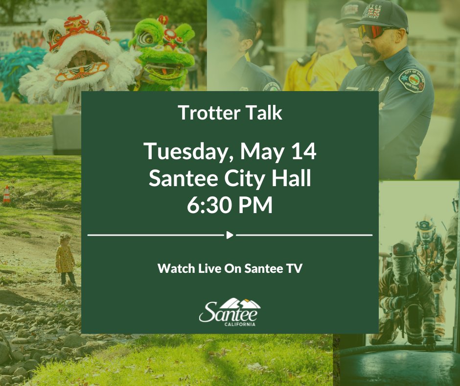 Vice Mayor Dustin Trotter will host a Trotter Talk on May 14, 2024 at 6:30 PM at Santee City Hall. While the topics covered at this Trotter Talk will relate specifically to District 4, this event is open to all Santee residents. For more info please visit: bit.ly/3WwpgSy