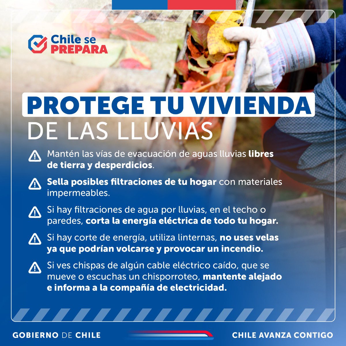 Juntas y juntos nos preparamos ante las lluvias ⛈️ #ChileSePrepara Sigue estas recomendaciones y protege tu vivienda este invierno 👇 🚨 Si ves una personas en situación de calle que requiera apoyo, llama al Fono Calle 800 104 777, opción 0.