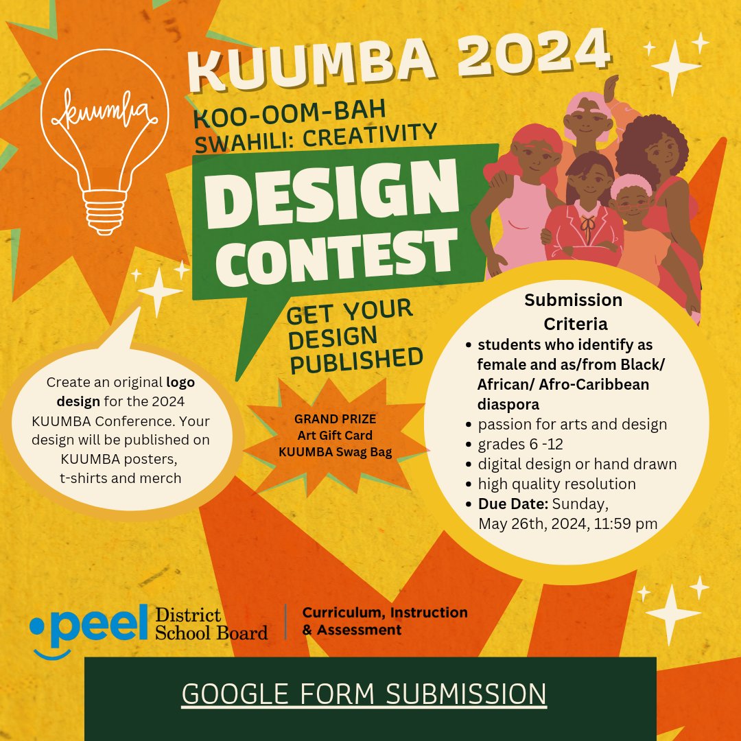 Design the @PeelSchools KUUMBA 2024 logo for this year's conference. Your design will be published on t-shirts and KUUMBA merch. Check out the Google Form for more information. docs.google.com/forms/d/e/1FAI…