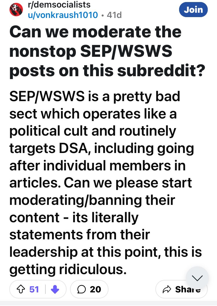 DSA members openly asking for censorship of WSWS.org articles on Reddit is a mirror of the right wing politics of the DSA.

#Socialism2024

#JoinDSA 🤔 

#Gaza_Genocide 

 reddit.com/r/demsocialist…