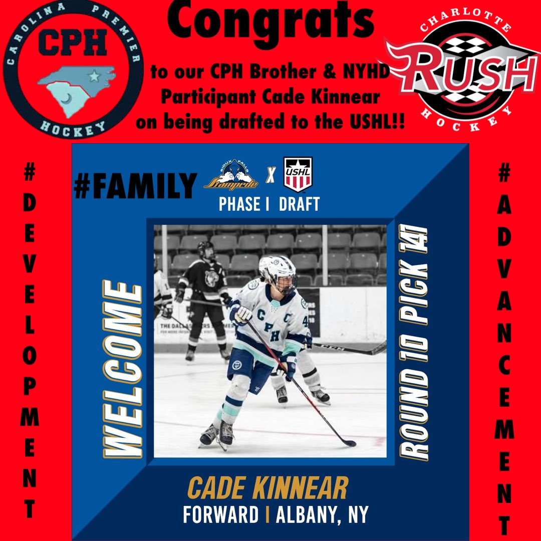 CONGRATS to @CPHhockey Captain, @NYHD_Hockey participant & #RushFamily member @CadeKinnear4 on being drafted by the @sfstampede of the @USHL !! #development #Advancement #FAMILY!!