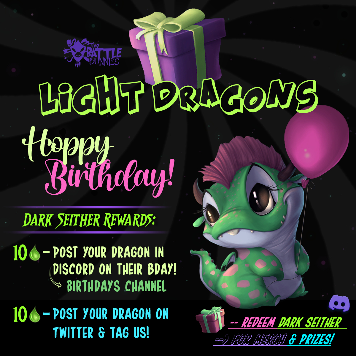 Hoppy Birthday to all of the Light Dragons celebrating over the next couple months! 🥳🥳

Do you have a Light Dragon?

If so, you can earn Dark Seither while you celebrate 🎂

💧 Play --> Earn --> Win 🎁
#DarkSeitherGames #BattleBunnies #Dragons #HappyBirthday #FluffleFam #Play