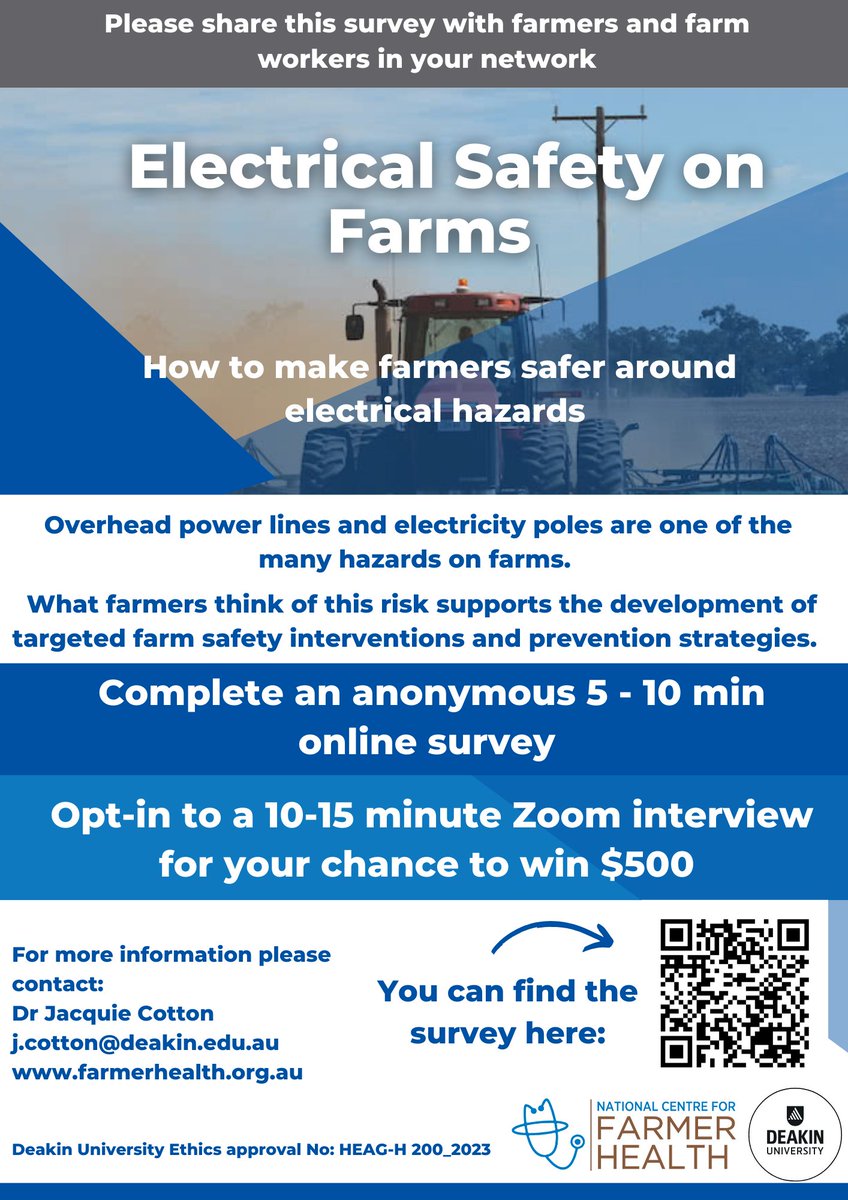 Did you know that on average, up to two Australian farmers are killed each year from coming into contact with electricity? The National Centre for Farmer Health is conducting a survey on the prevalence of on-farm electricity incidents: ow.ly/ln5I50Ry3hz
@farmerhealth #AusAG
