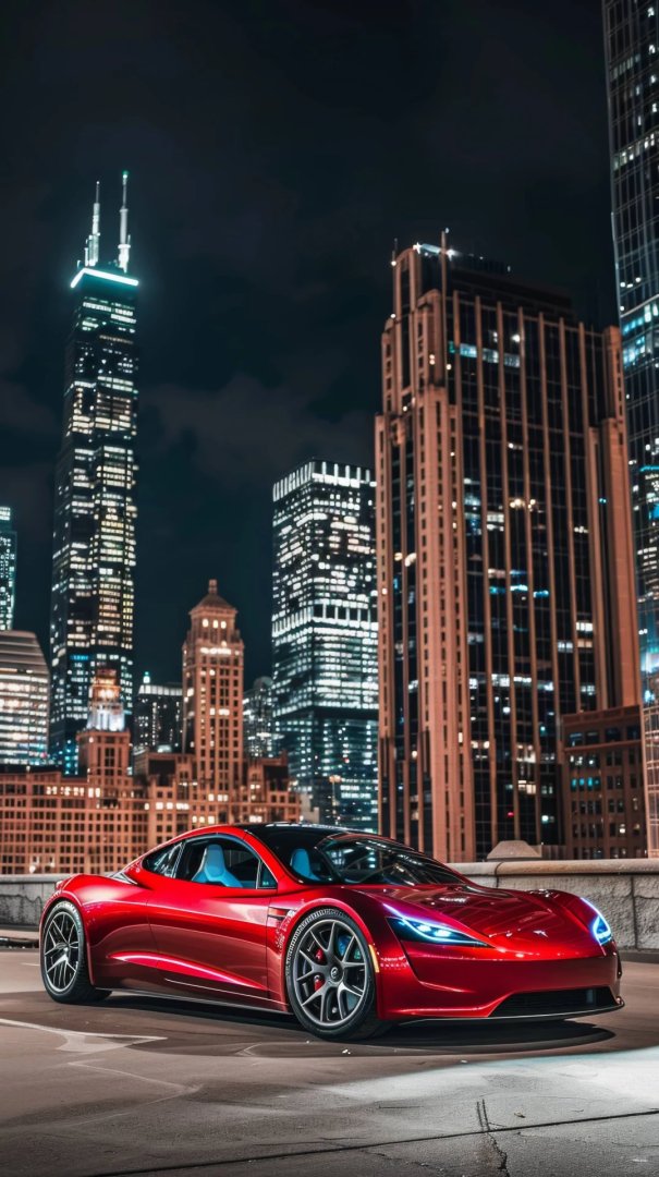 🚗✨ Embracing the future with this AI-generated art featuring the iconic Tesla Roadster against a stunning cityscape backdrop. Explore the harmony between technology and urban development in this mesmerizing image! #AIart #TeslaRoadster #FutureIsNow