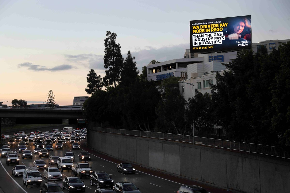 Australia Institute billboard in central Perth, letting WA motorists know they will pay more in rego than gas companies will pay in royalties in this years budget. These foreign owned gas exporters talk a big game on their economic contribution, but are actually epic leaners.