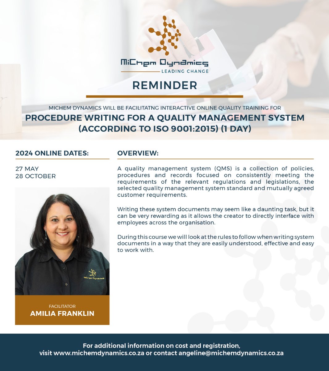 REMINDER - QUALITY TRAINING (ISO 9001) For info regarding course content, dates, cost & registration, visit michemdynamics.com/training/quali…  Contact angeline@michemdynamics.com / anna@michemdynamics.com for further info!  #creatingabetterfuture #fightinginequality #quality #ISO9001