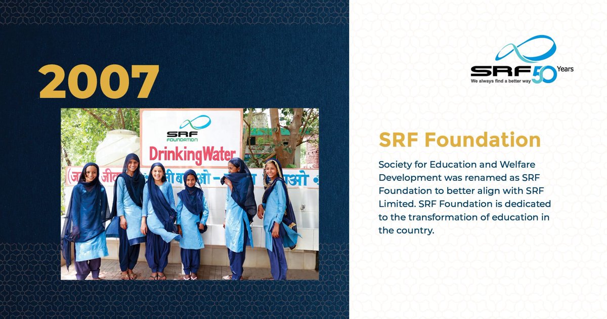 #GoldenLegacy #SRF50
We believe that it is essential for companies to have a purpose, more engaging than profits and that purpose should be intrinsic to the fabric of the organization. Building on this belief, SRF Foundation was set up in the year 1982 as the  CSR arm of SRF.