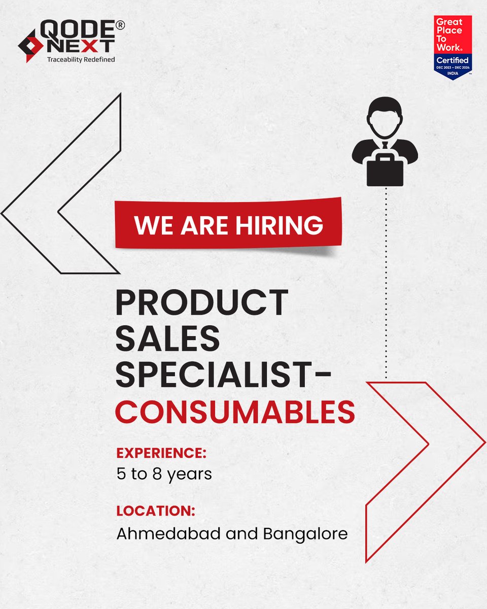 We're hiring Product Sales Specialists in Ahmedabad & Bangalore ⚠️

Do you have 5-8 years of product sales experience and a track record of meeting targets? Take your career to the next level and send your CV to hrd@qodenext.com now!

#SalesJobs #SupplyChainJobs #BangaloreJobs